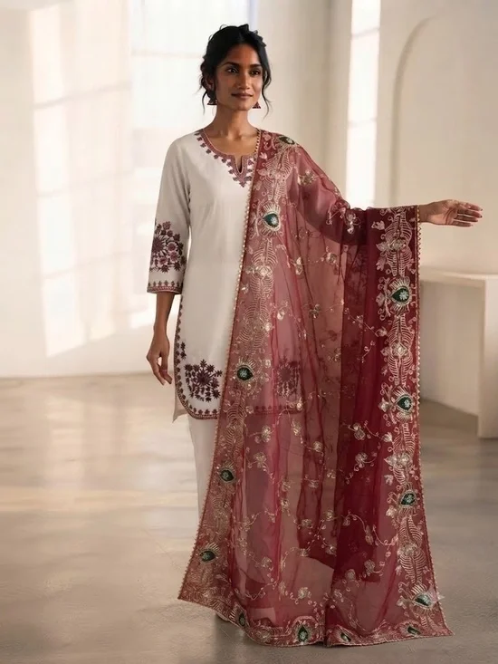 Embroidered Ivory Kurta Set with Maroon Embellished Dupatta