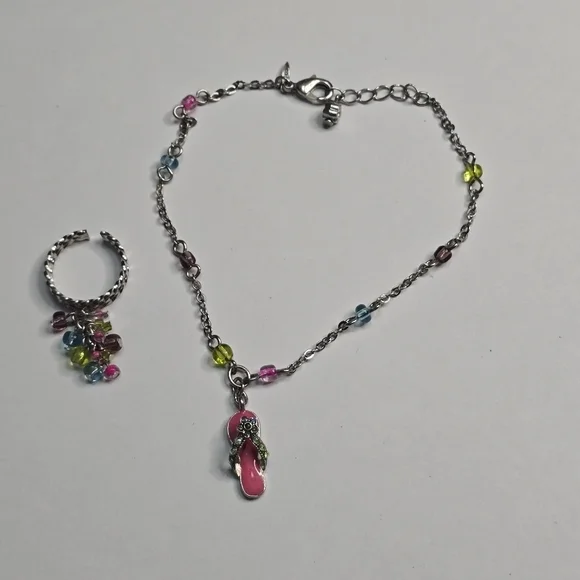 Avon Flip Flop Charm anklet‎ with Colorful Beads + Adjustable Toe Ring Set