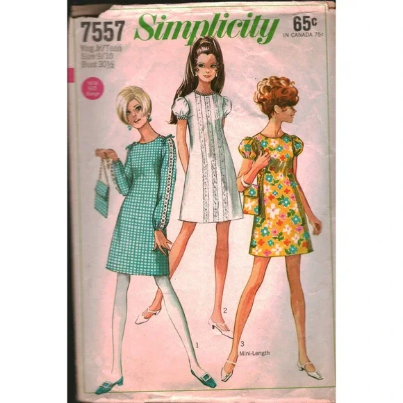 Simplicity 7557 Vintage 1960s Mod A-Line Dress Bag Sewing Pattern Sz 9/10 B30.5