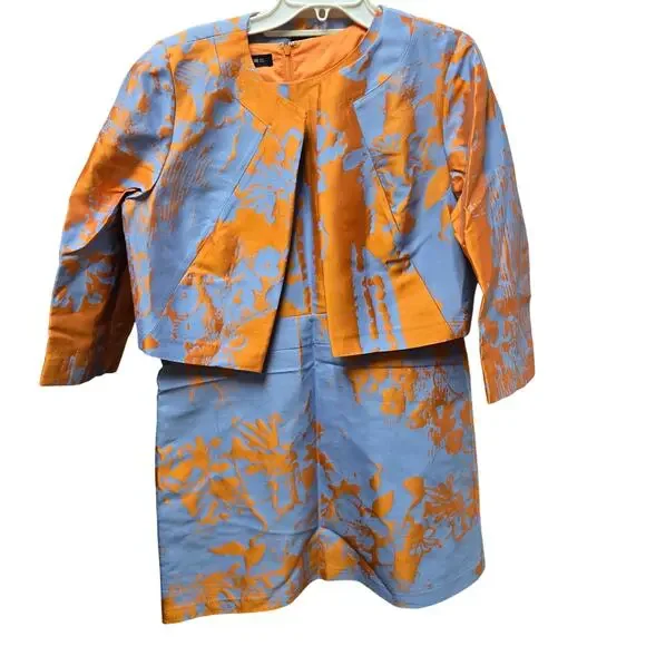 Lafayette 148 New York Jacquard Dress Jacket Set Sz 14 Orange Blue