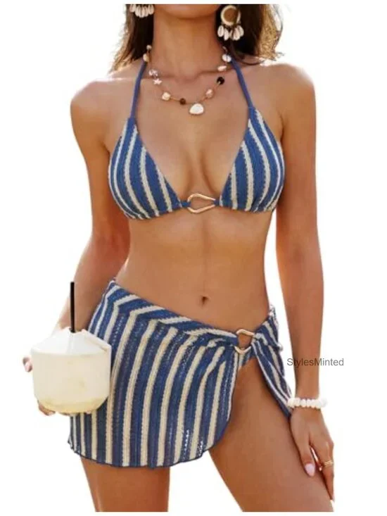 3 Piece Bikini Set with Cover Up Skirt - Textured Halter String Side Bathing