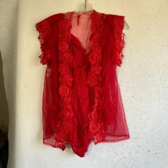 Vintage Alana Gale Red Lace Teddy Bodysuit and Sheer Mesh Robe Set Small 37014