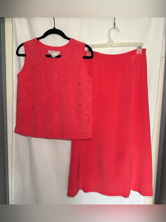 Vtg Barrie Pace 100% Silk 2 Pc Skirt Set 4 Coral Butterfly Satin Embroidered 90s