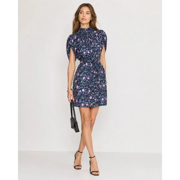 Rebecca Taylor Ruby Floral Petal Sleeve Silk Dress Blue Purple Mock Neck Size 0