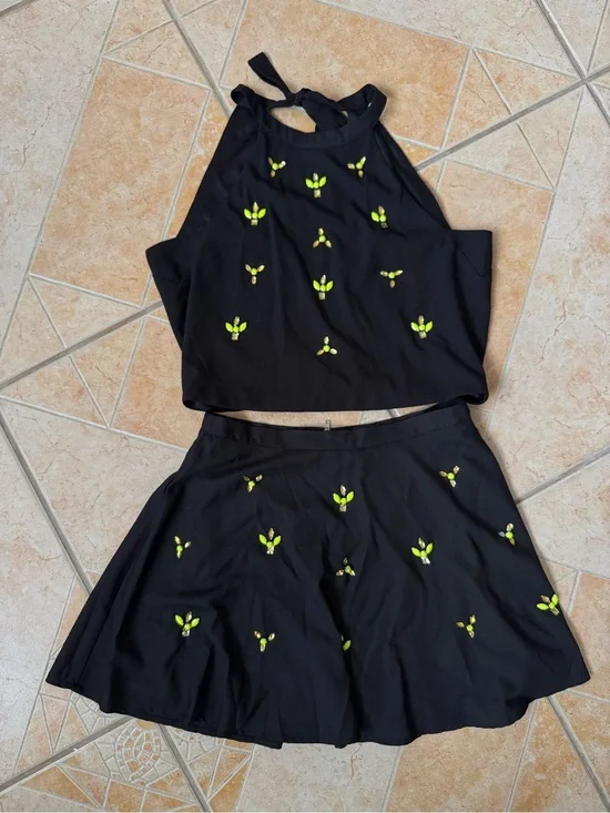 Black Two-Piece Skirt Set with Neon Green Embroidery