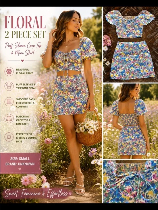 Floral Cottagecore 2 Piece Set Puff Sleeve Crop Top & Mini Skirt