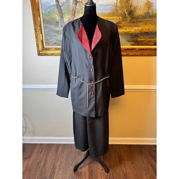 Vintage 90s Black Red Snake Print Skirt Suit Set Blazer Gold Chain Plus 20