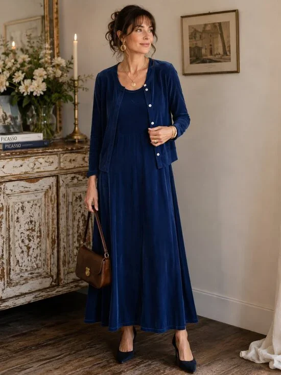 DVF Color Authority Velour Maxi Dress Women's 1X Blue Vintage‎ Luxe Chic