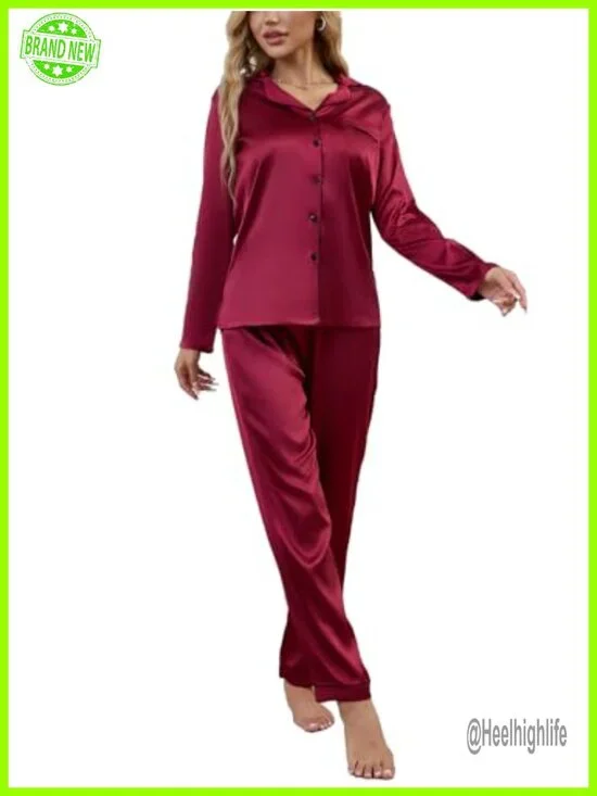 Two-Piece Button Down Long Sleeve Satin Silk Pajama Set