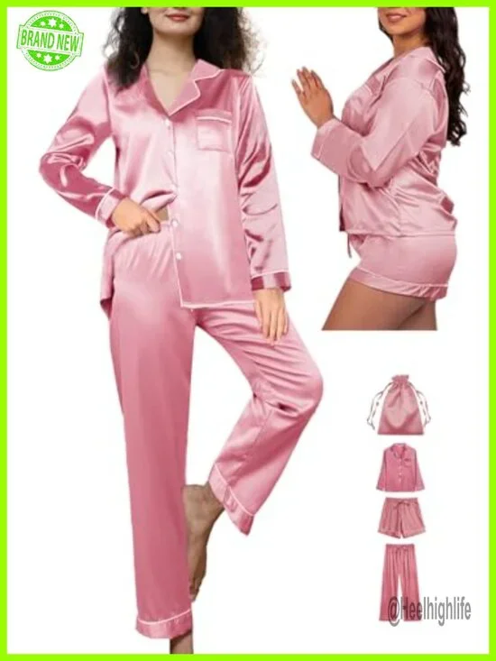 4pcs Satin Pajama Set with Pouch Bag