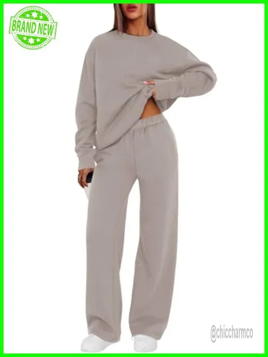 2 Piece Lounge Set - Crewneck Sweatshirt & Wide Leg Sweatpants
