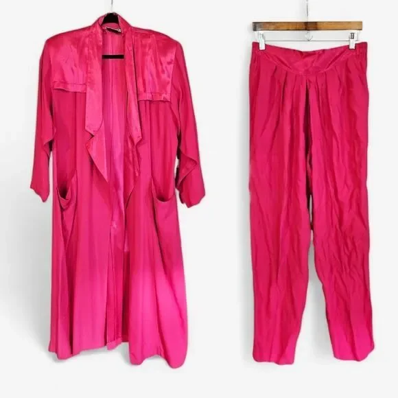 Vintage Forenza 80s Retro Fuchsia Satin Oversized Duster Yoked Waist Pant Set 10