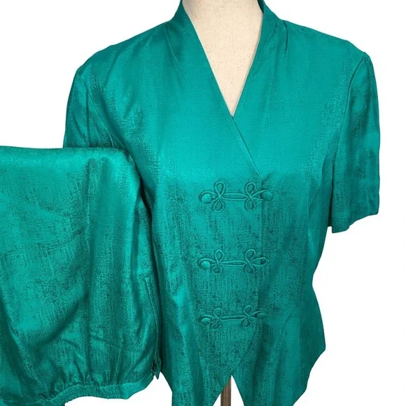 Adrianna Papell Skirt Suit Womens 16 Teal Green Safe Silk ‎ Frog Toggle 2pc