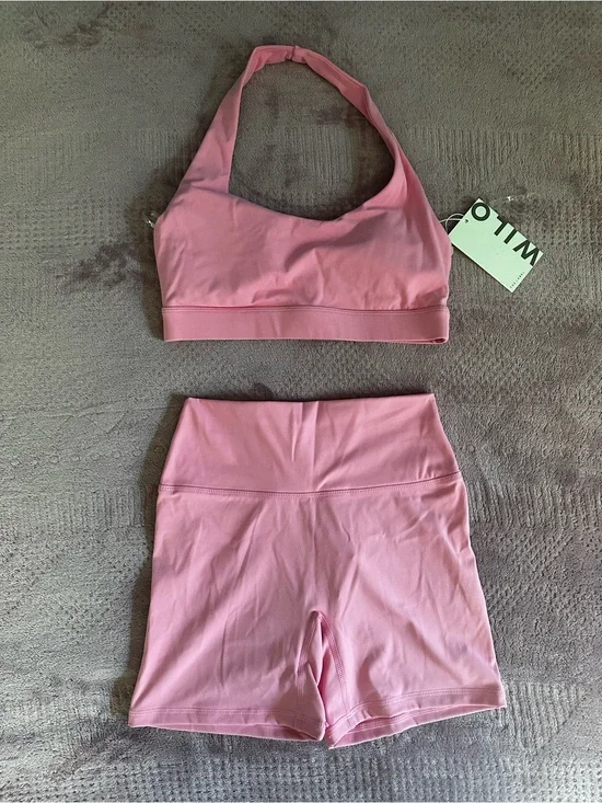 NWT Wilo The Label Pink Halter Sports Bra & High-Waist Shorts Set