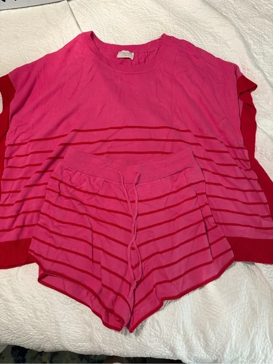 Bright Pink and Red Striped Top & Shorts Set