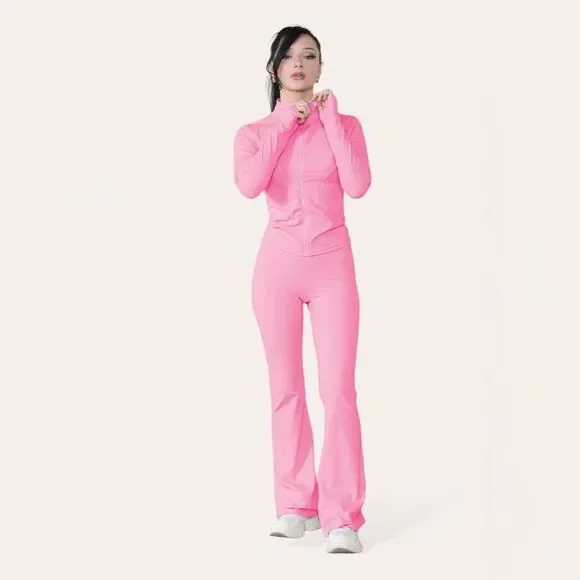 Pink athletic wear set Fitted Active Yoga Lightweight Top Zip Up Workout Jacket