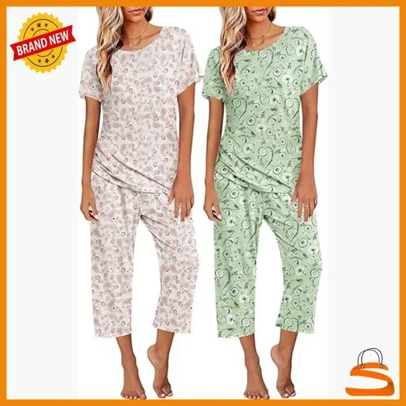 Medium Polyester Pajama Set 2-Pack Capri Pants Short Sleeve Sleepwear