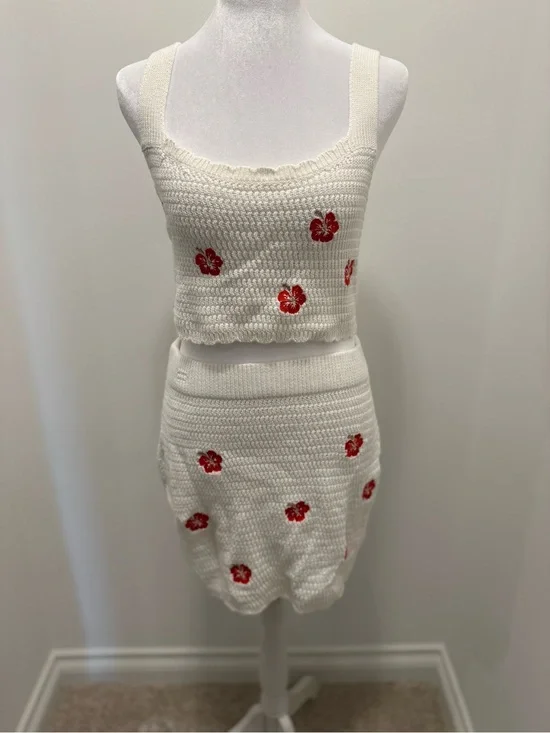 wild fable White Crocheted Two-Piece Skirt Set with Red Floral Embroidery