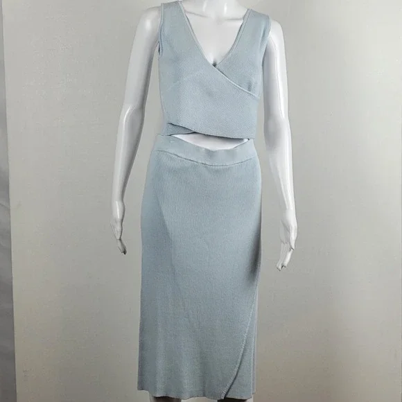 JustFab Ribbed Knit Skirt Set Womens Light Blue Excellent Wrap Crop Top - Large