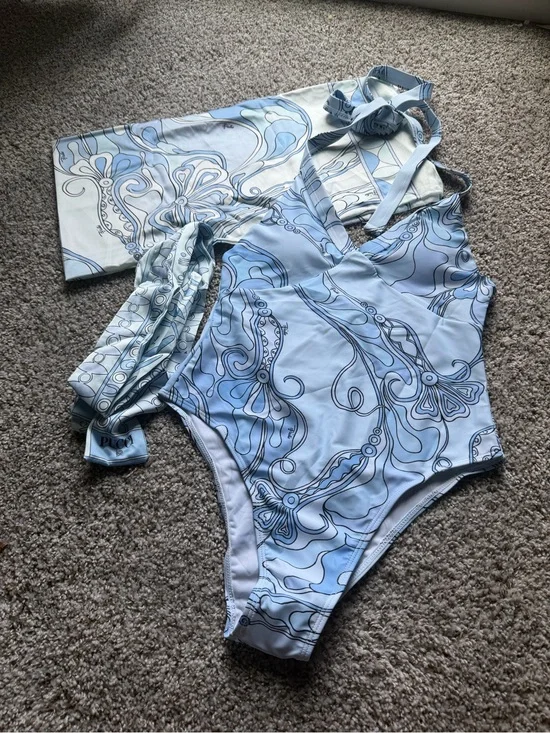 Light Blue Swirl One-Piece Swimsuit with Matching Cover-Up  Authenticated