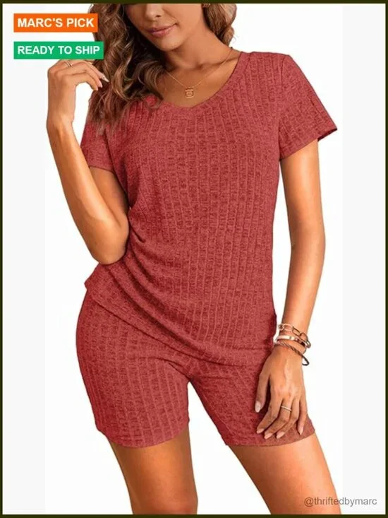 Two Piece Ribbed Short Set - Pajama & Workout
