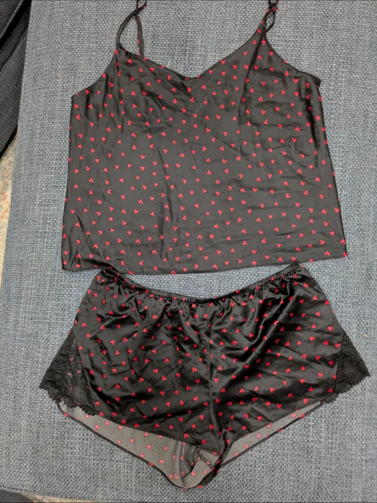 Black Satin Heart-Print Cami & Shorts Sleep Set - Red Hearts