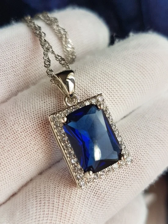 Swarovski Elements 925 Sterling Silver Emerald-cut Blue Pendant Necklace NEW