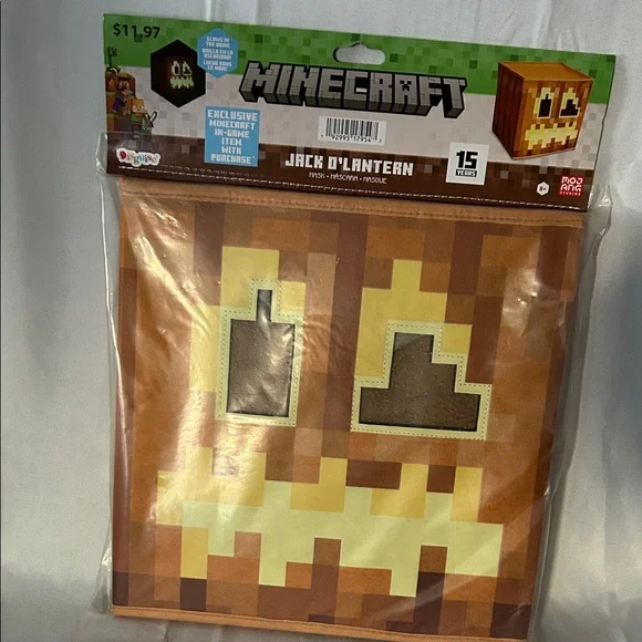 Ages 8+ Minecraft Jack O'Lantern Block Head Mask Costume Accessory Brand New