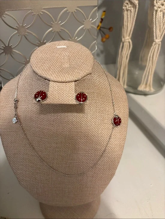 Silver Ladybug Necklace & Stud Earring Set - Red