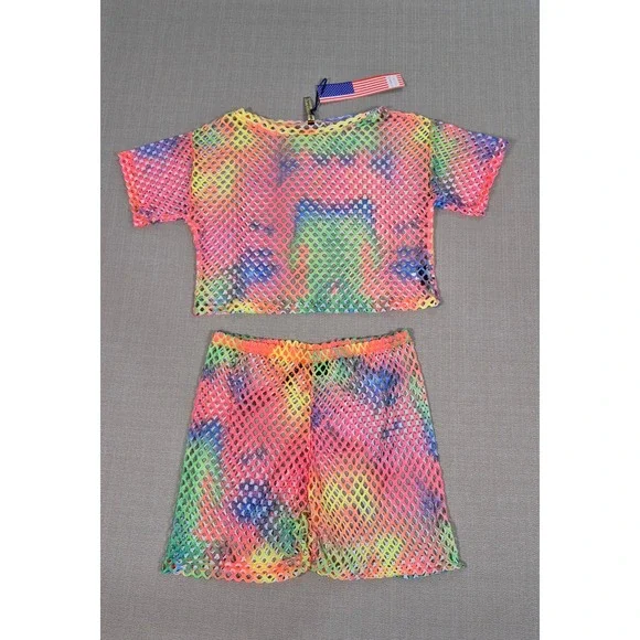 American Leisure Rainbow Tie Dye Mesh 2 Piece Set Crop Top Shorts XL New