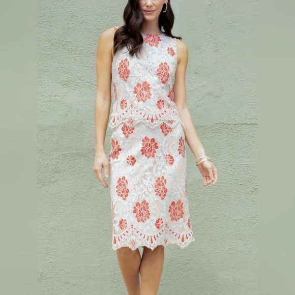 Eva Franco Lace Top & Skirt Set NWT 2 Pcs Persimmon Blue & Pale Pink Size 8
