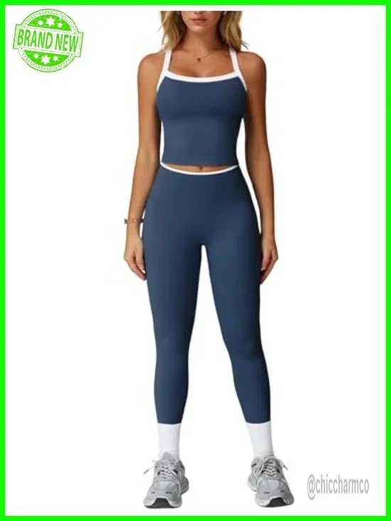 Workout Sets Two Piece Cross Back Tank Top High Waist Leggings Gym Outfits
