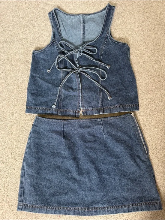 Denim Lace-Up Crop Top and Mini Skirt Set - Blue