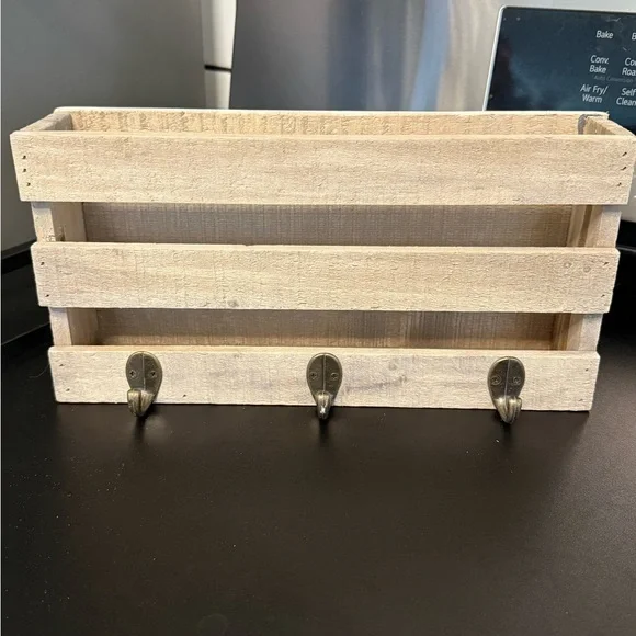 Rustic Wooden Wall Organizer Mail Slot & Key Hooks Light Natural Wood.