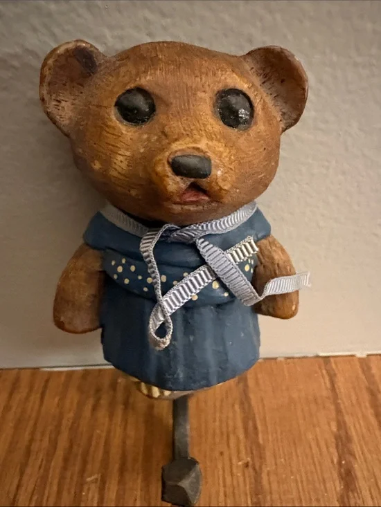 Vintage wooden Handcrafted Bear Figurine in Brown and Navy Dress Wall Hook