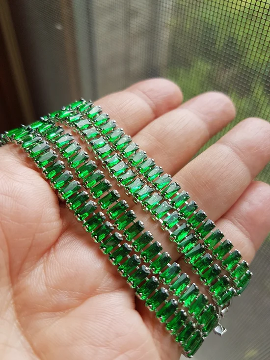Swarovski Elements Silver Emerald Green Emerald-cut Baguette Tennis Necklace NEW