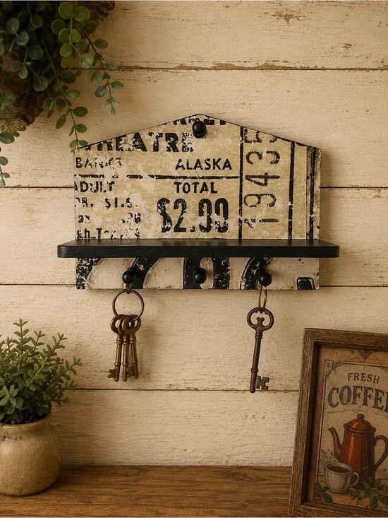 Vintage Ticket Print Key Rack with Black Shelf - Rustic Home Wall Decor