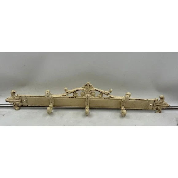 Vintage Cast Iron Fleur De Lis Wall Hook Rack 3 Hook Cream French Chic 20.5