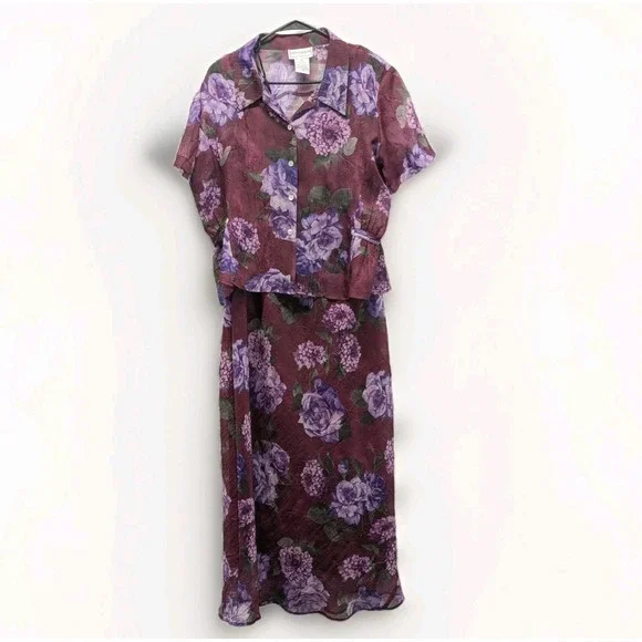 Whimsigoth Cottagecore Purple Floral Maxi Dress‎ 2PC Vintage Size 18