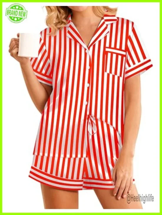 Women's Satin Pajama Set Short Sleeve Pjs Lounge Set