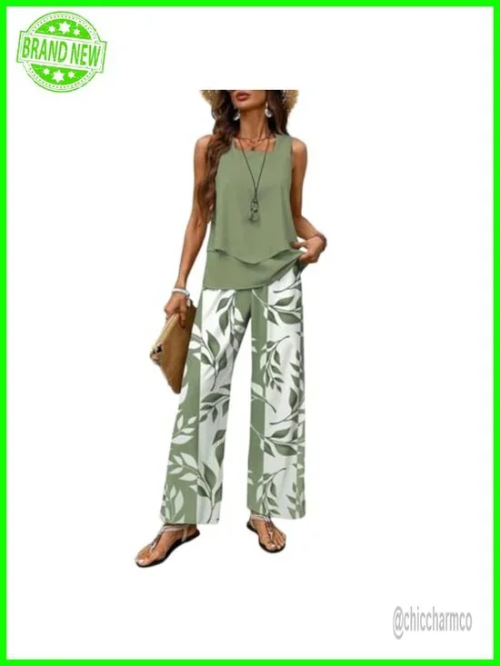 2 Piece Sleeveless Tiered Vest Top and Wide Leg Pants Lounge Set