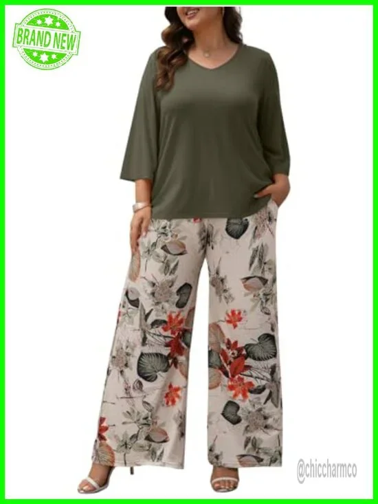 Plus Size 2 Piece Outfits 3/4 Sleeve Tunic Top Floral Print Wide Leg Pant Sets