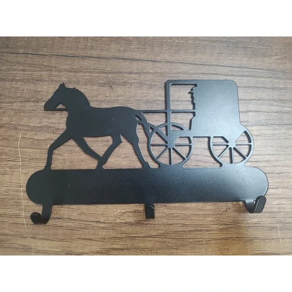 Amish Horse Buggy Wall Hooks Key Rack Leash Holder Black Wrought Iron Entryway