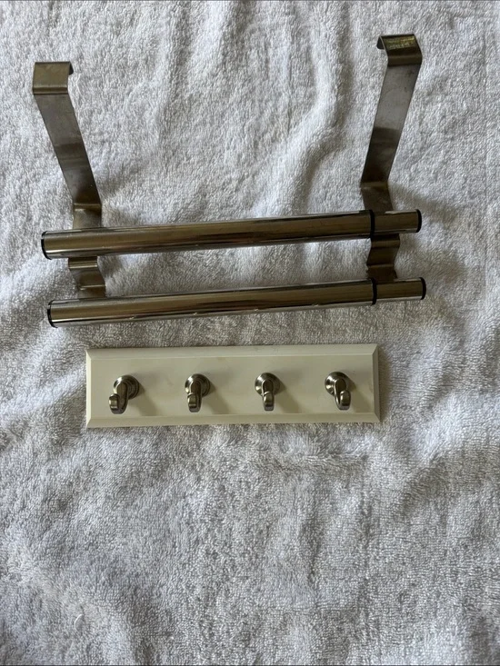 Stainless Steel Double Towel Bar and 4-Hook Wall Rack - Silver