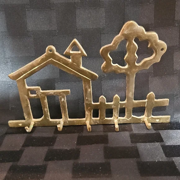 VTG Solid Brass Cottage Style House, Picket Fence & Tree Key Rack with Hooks