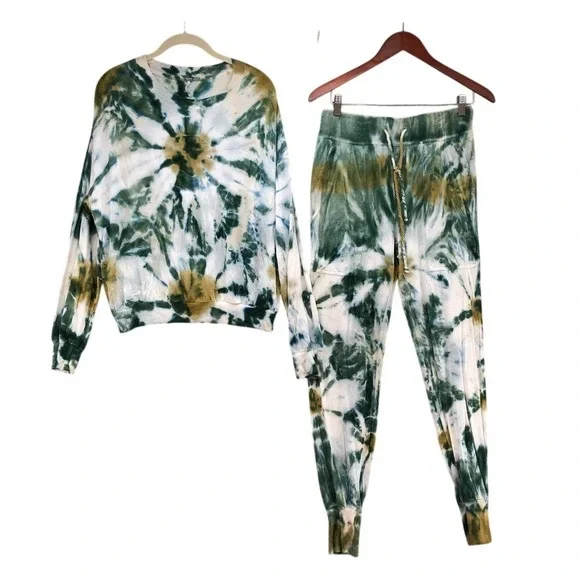 Young Fabulous & Broke Loungewear Set Womens M Green Tie Dye Jogger Sweatshirt
