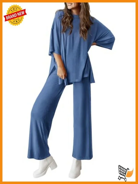 Two Piece Lounge Set Short Sleeve Top Wide Leg Pants Matching Set Travel Outfit