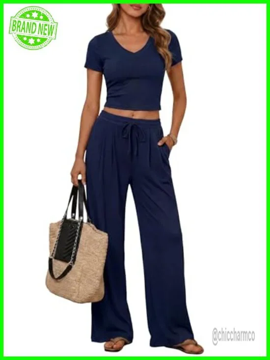 2 Piece Matching Lounge Set - V Neck Top Wide Leg Pants Travel Outfit