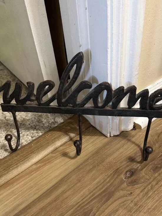 Vintage Cast Iron Welcome 3 Hook Wall Mount Coat Hanger