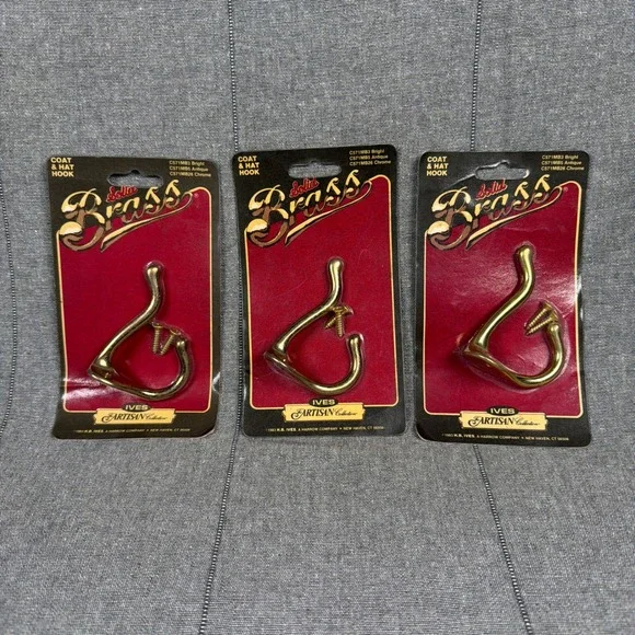Vintage Solid Brass Coat Hat Hooks Set of 3 Made In USA IVES Artisan 1983